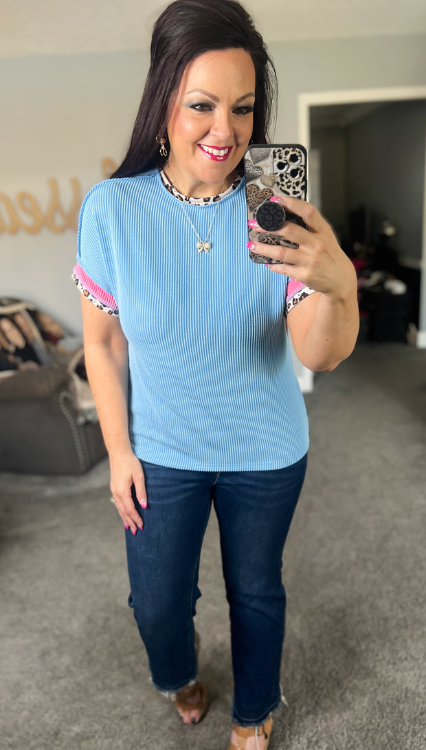 Leopard Trim Blue Corded Top
