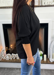 Black Smocked Sleeve Top (S-2X)