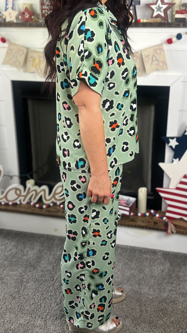 Green Leopard Wide Leg Pants Set