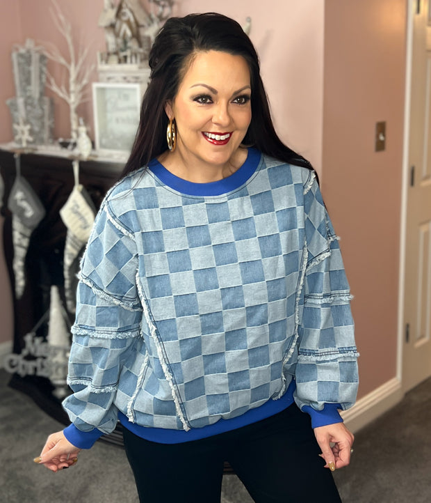 {PREORDER} Denim Checked Print OVERSIZED Pullover