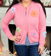 Pink Floral Appliqué Button Front Cardigan