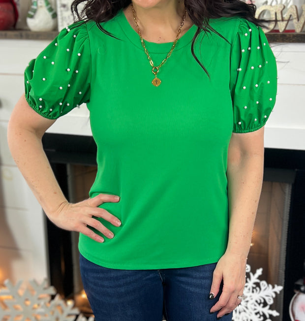 Kelly Green Pearl Beaded Puff Sleeve Top