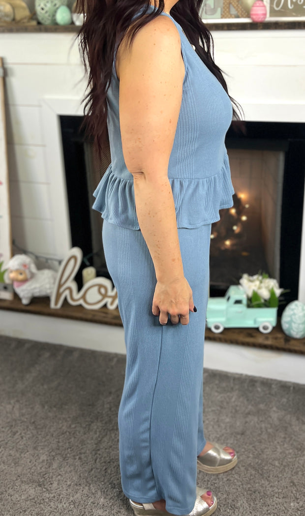 Dusty Blue Peplum Top & Pants Set