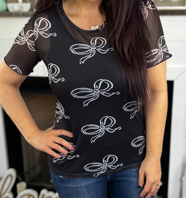 Black & White Bow Mesh Short Sleeve Top