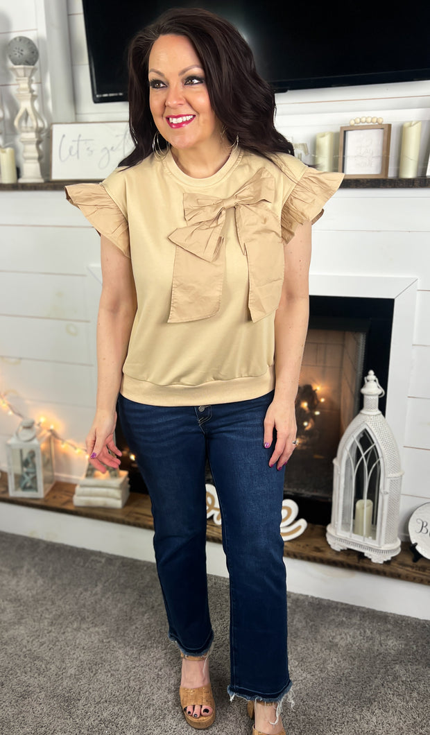 Taupe Bow Accent Ruffle Sleeve Top