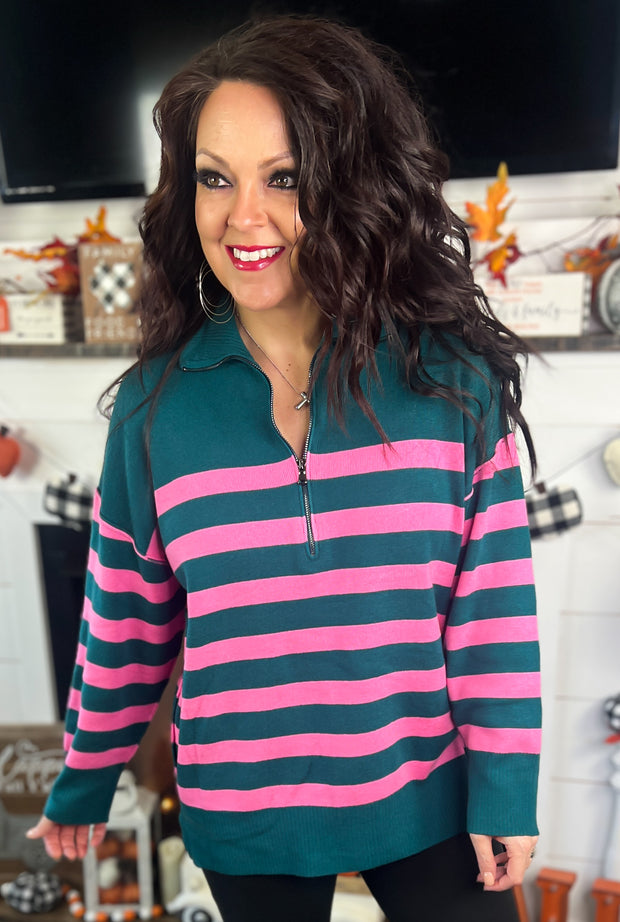 Green/Pink Stripe Half Zip Oversized Sweater (S-2X)