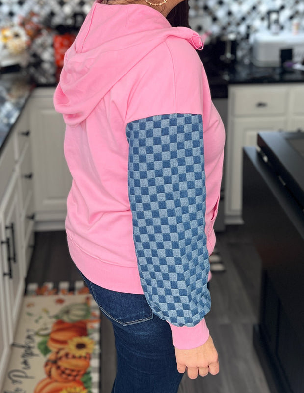 Pink Hooded Pullover w/Denim Checked Contrast Sleeves