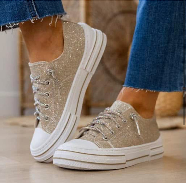 Very G Aman Gold Sparkle Sneakers w/Rhinestone Laces