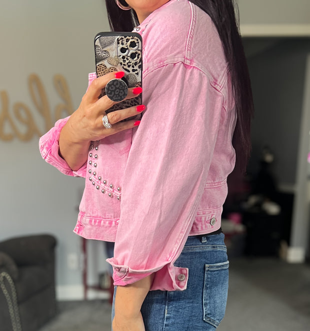 {PREORDER} Pink Studded Cropped Denim Jacket