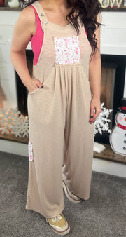 Floral Patchwork Wide Leg Overall Jumpsuit