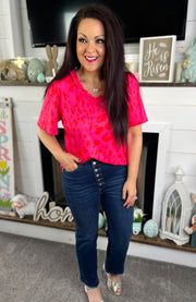 Pink/Red Leopard Ruffle Neck Top
