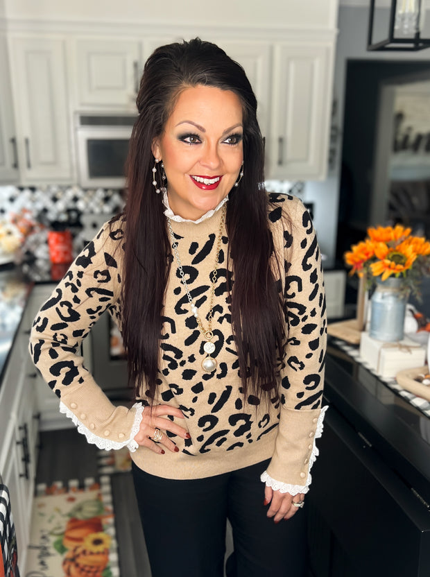 {PREORDER} Eyelet Ruffle Trim Leopard Sweater (S-4X)