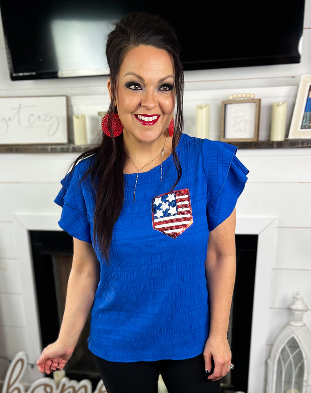 Sequin Flag Patch Layered Ruffle Sleeve Top