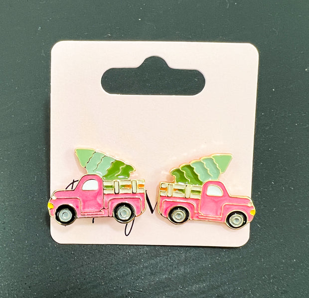 Pink Truck Christmas Tree Earrings