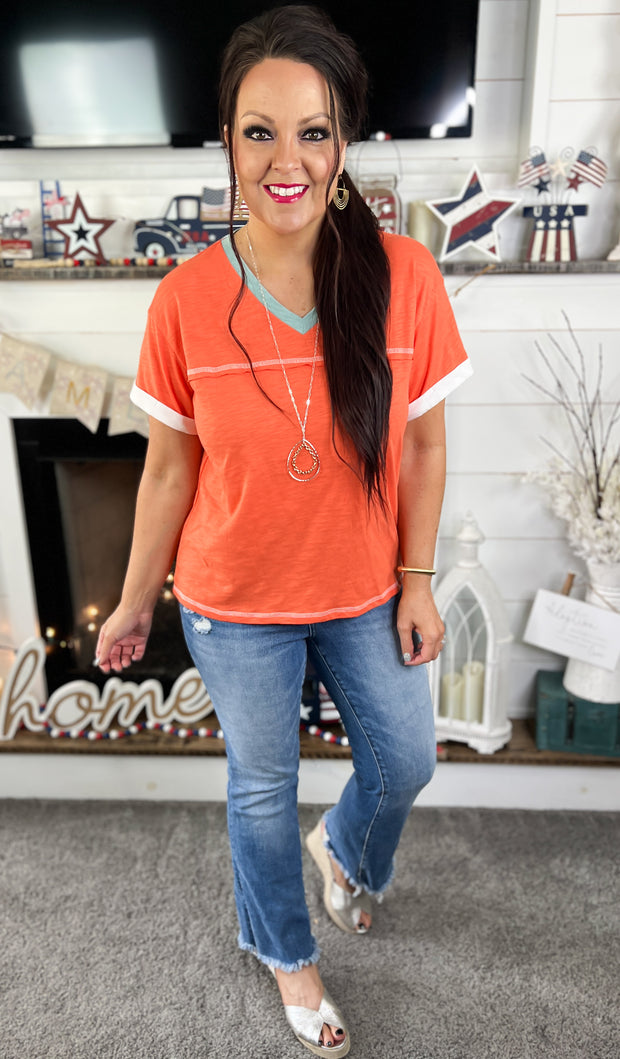 Orange Contrast Trim Exposed Seam Top