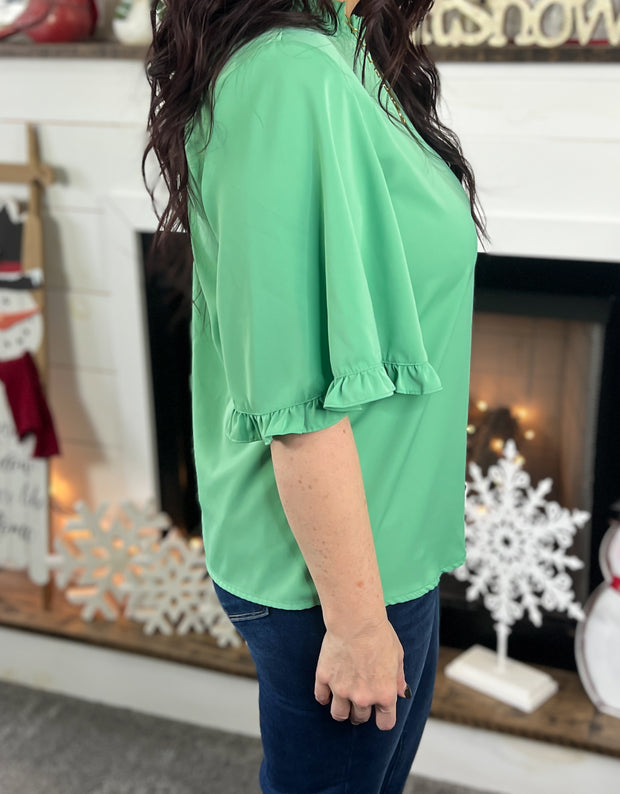 Mint Green Ruffle Trim Wide Sleeve Top