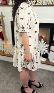 Bow Print Puff Sleeve Ruffle Hem Dress