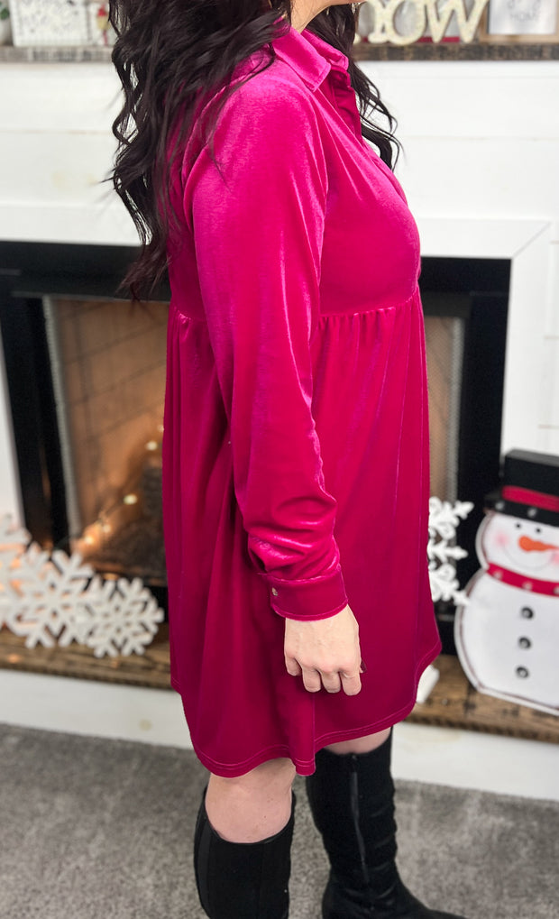 Magenta Velvet Button Front Dress