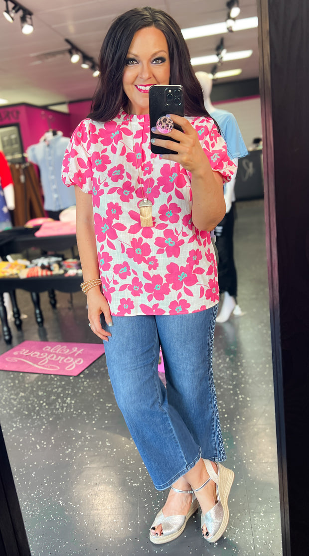 Pink & Aqua Floral Puff Sleeve Top