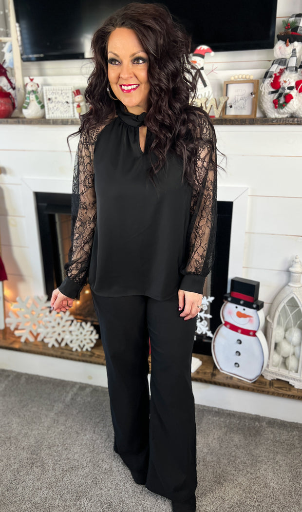 Black Floral Lace Sleeve Top