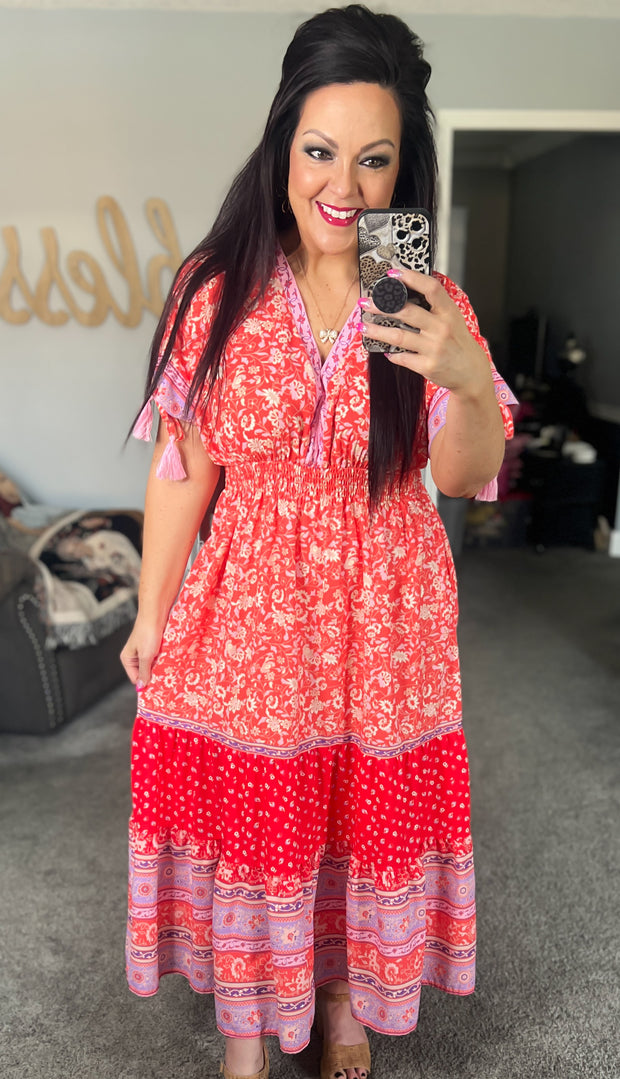 Multi Print Tassel Tie Sleeve Maxi Dress