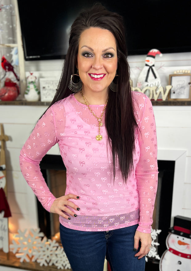 Pink Mesh Bow Pattern Top