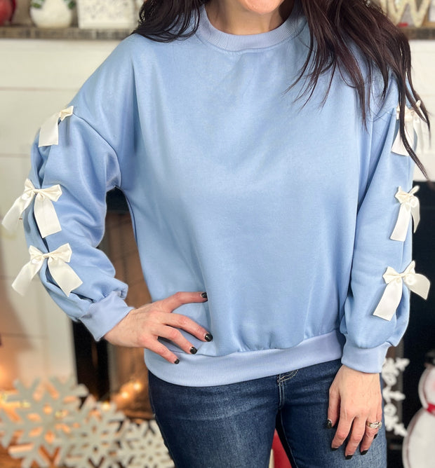 Light Blue Bow Accent Sleeve Pullover