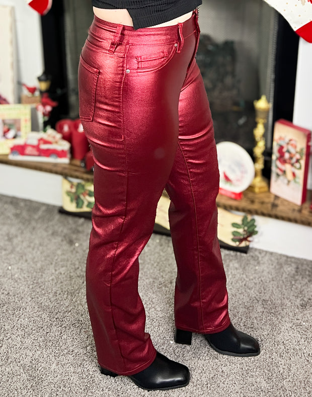 YMI Metallic Straight Leg Pants~Red Wine