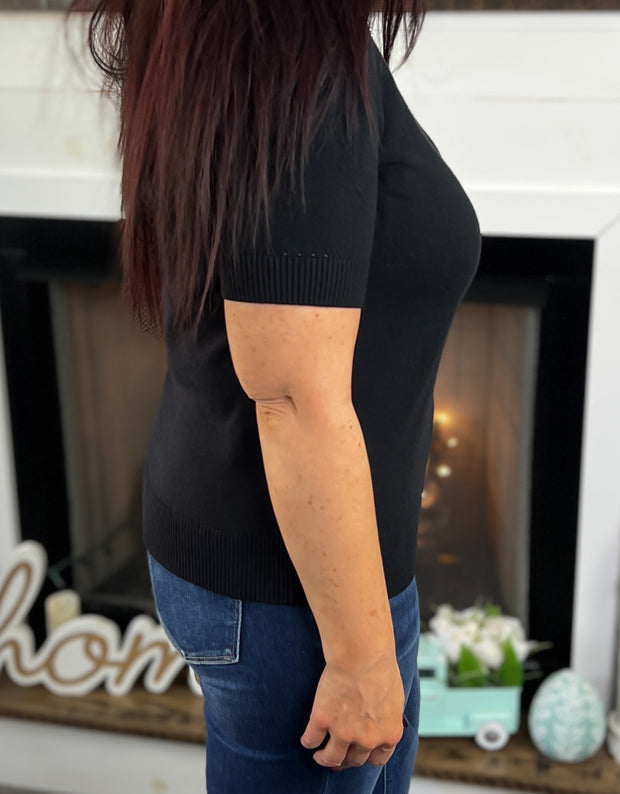 Black Pearl Bow Neckline Short Sleeve Sweater