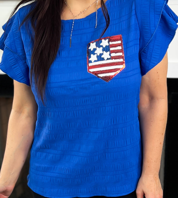 Sequin Flag Patch Layered Ruffle Sleeve Top