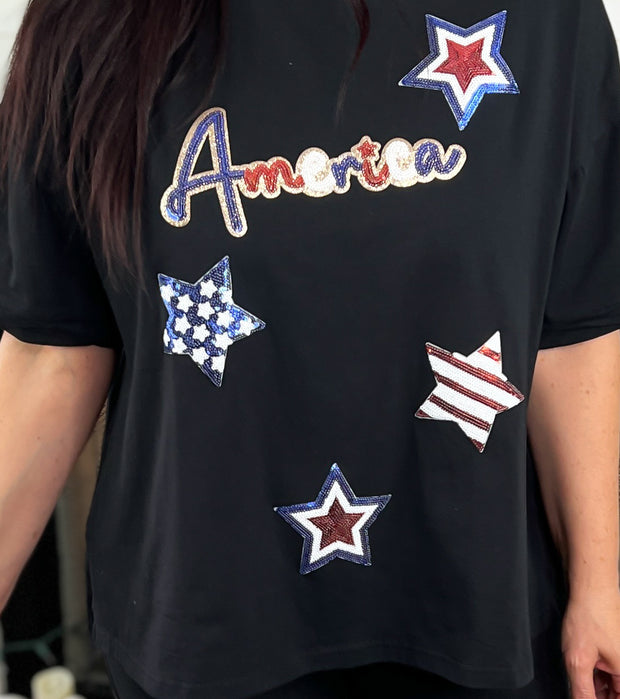Black Sequin America & Star OVERSIZED Top