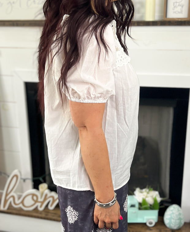 White Lace Accent Puff Sleeve Top