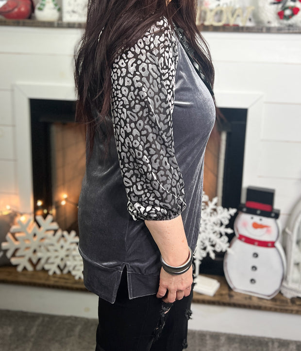 {ONLINE ONLY} Leopard Sleeve Velvet Top