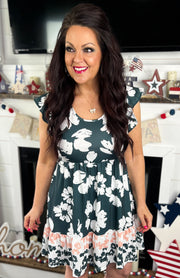 Green Floral Ruffle Sleeve Dress