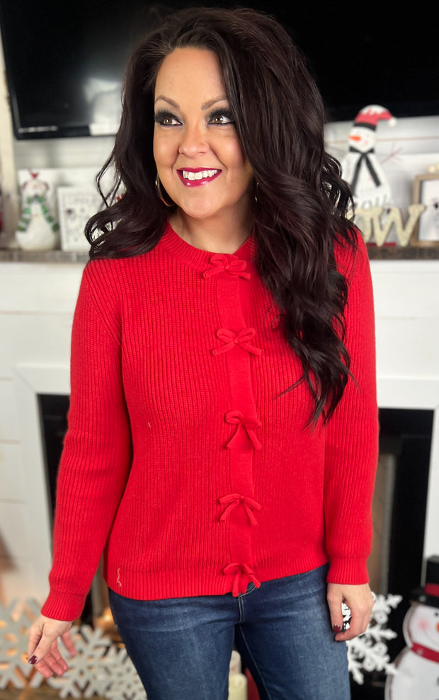 Red Bow Accent Cardigan Sweater