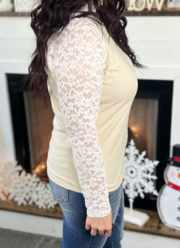 Beige Floral Lace Sleeve Top