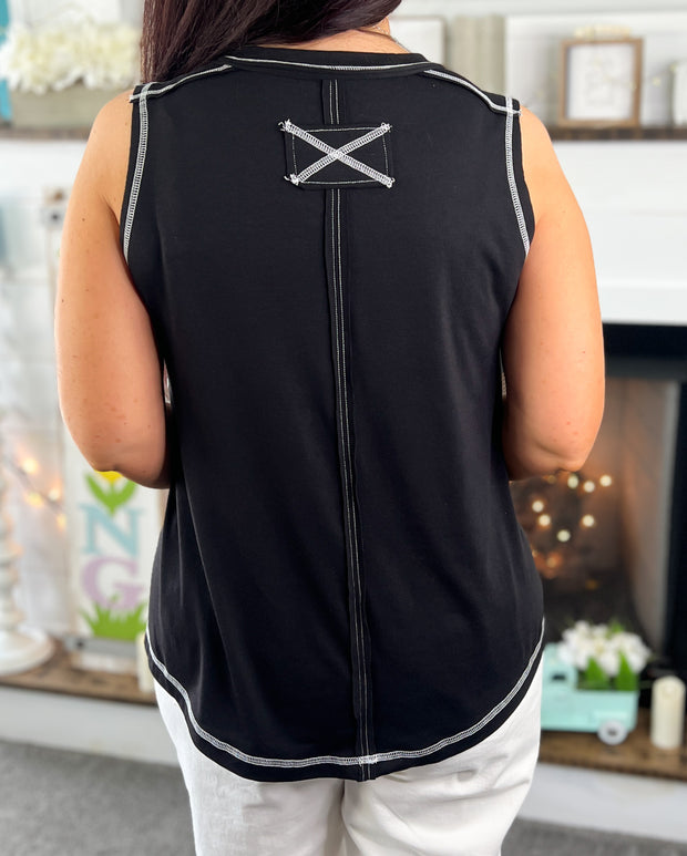 Black Contrast Stitch Henley Tank