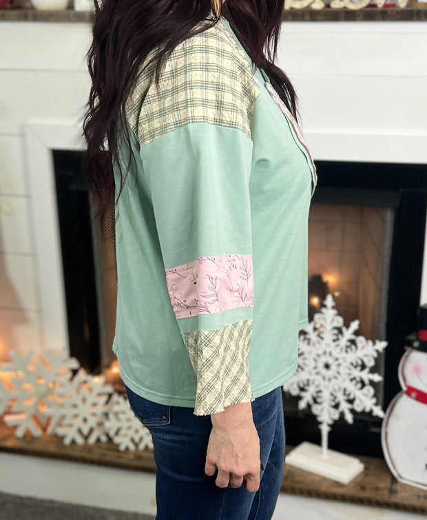 Aqua Plaid Floral Peace Patchwork Top