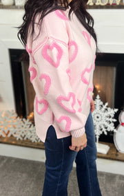 Pink Heart Bishop Sleeve Oversized Sweater