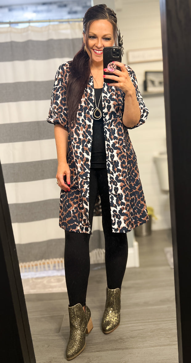 Leopard Button Front Puff Sleeve Dress