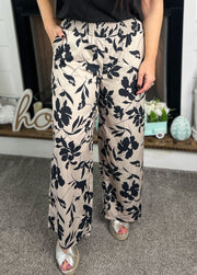 Taupe/Black Floral Smocked Waist Pants