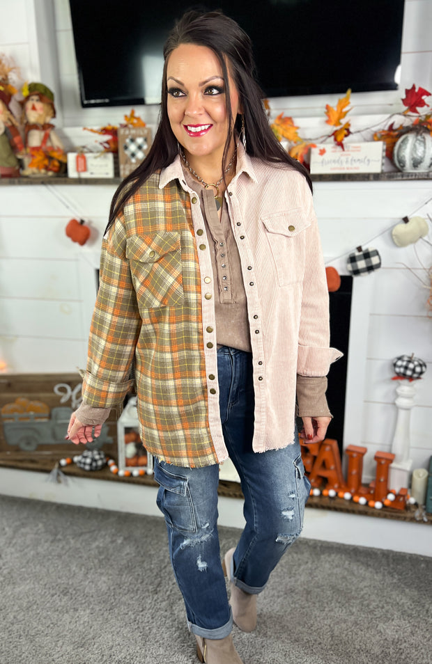 Plaid & Corduroy Contrast Snap Front Shacket