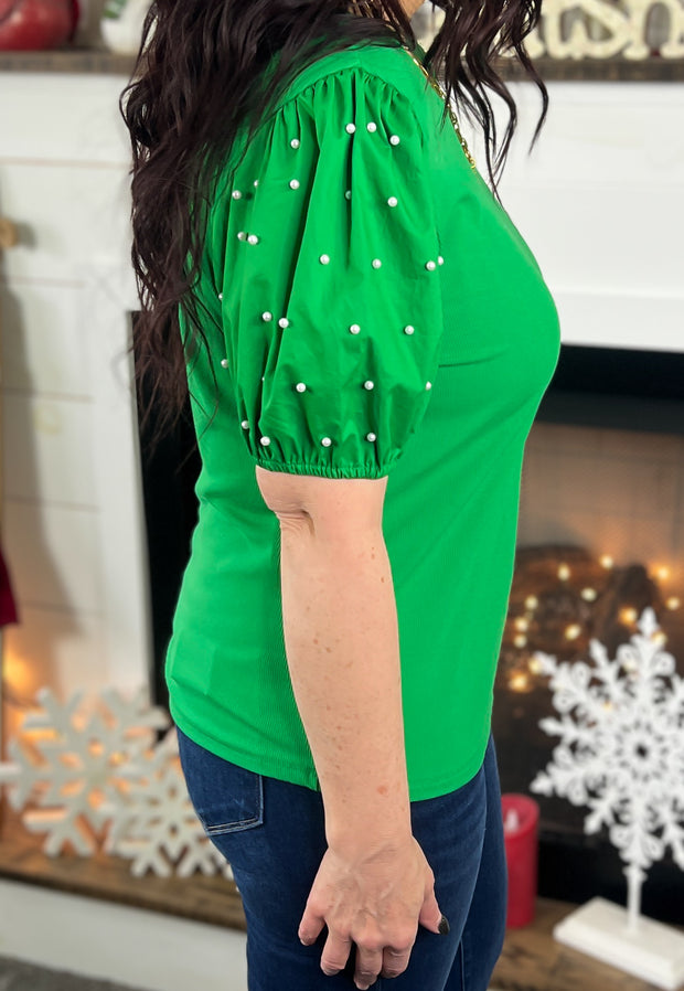 Kelly Green Pearl Beaded Puff Sleeve Top