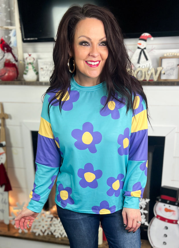 Retro Floral Colorblock Sleeve Top