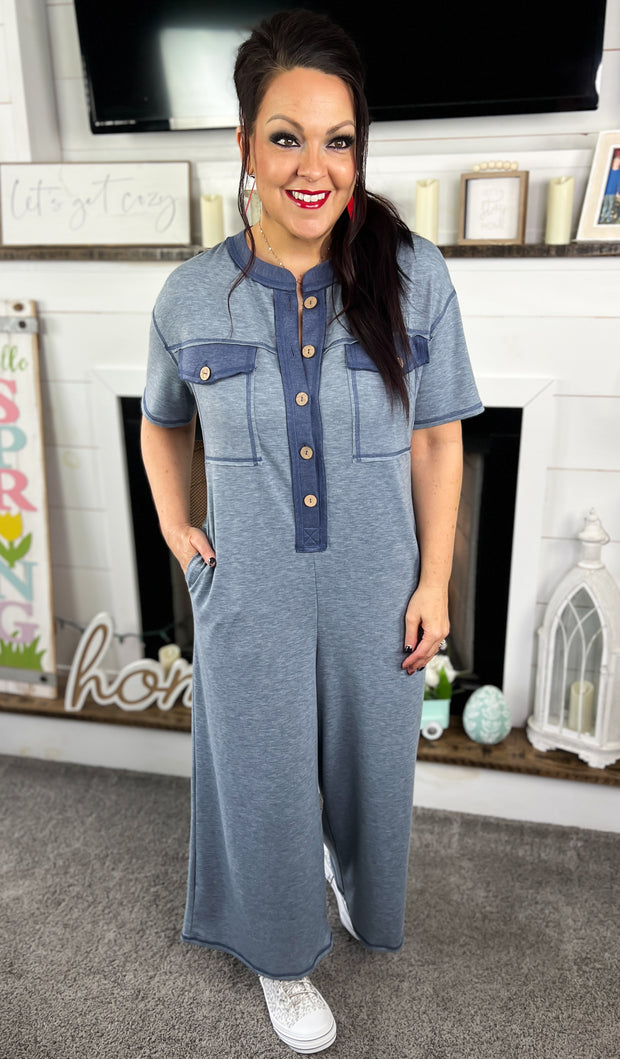 Heather Blue Button Front Wide Leg Jumpsuit