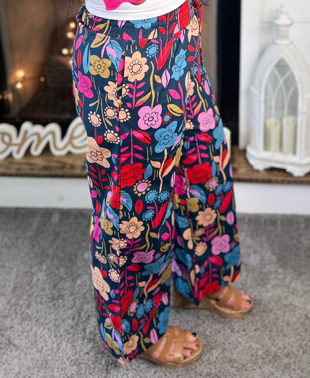 Teal Floral Wide Leg Pants