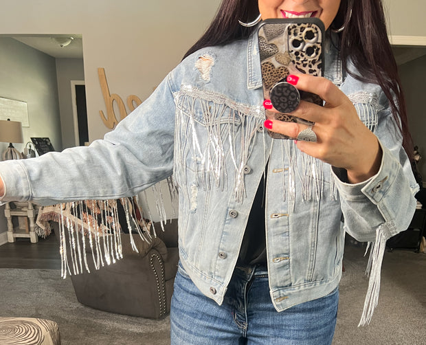 {PREORDER} Sequin Fringe Distressed Denim Jacket