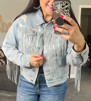 {PREORDER} Sequin Fringe Distressed Denim Jacket