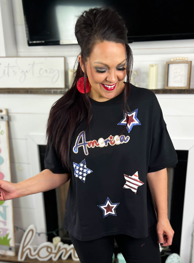 Black Sequin America & Star OVERSIZED Top