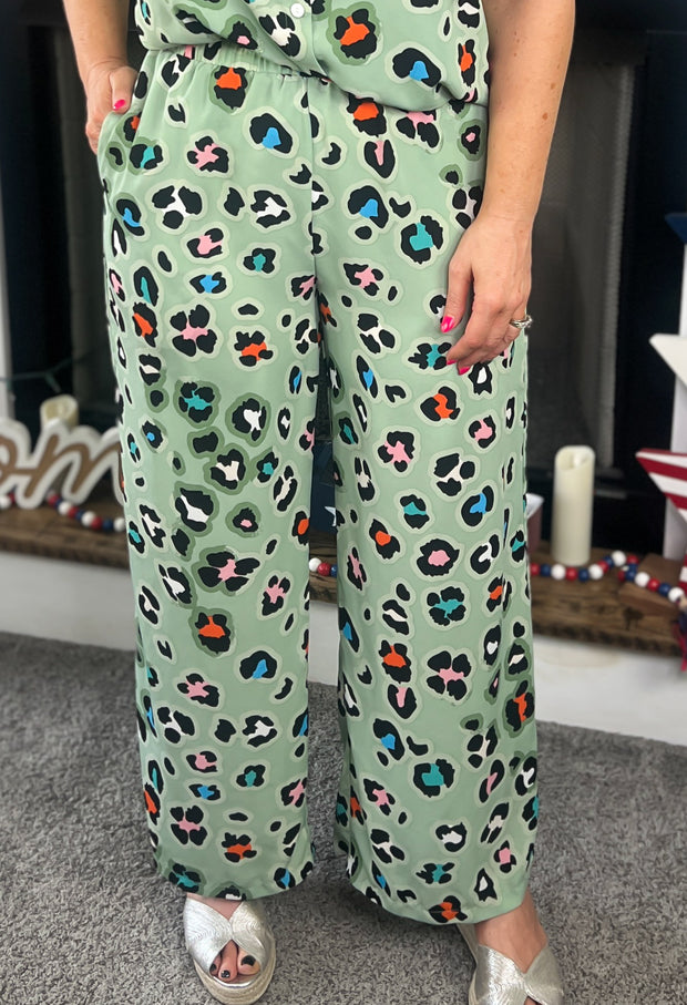 Green Leopard Wide Leg Pants Set